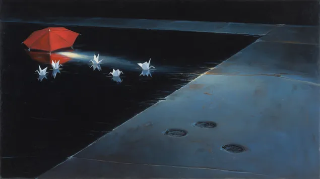 oeuvre d'art surrealiste de parapluies et de formes en origami sur sol humide telechargement