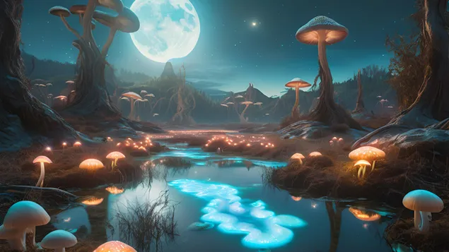 قمرهای دوقلو منظره بیولومنسسنت سورئال کاغذدیواری  4K