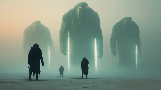 Surrealistiese ontmoeting met gloeiende humanoïde reuse in mis 2K muurpapier