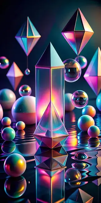 Tapeta Surrealistické plovoucí geometrické tvary zářící pastelovými přechody a měkkými odlesky HD