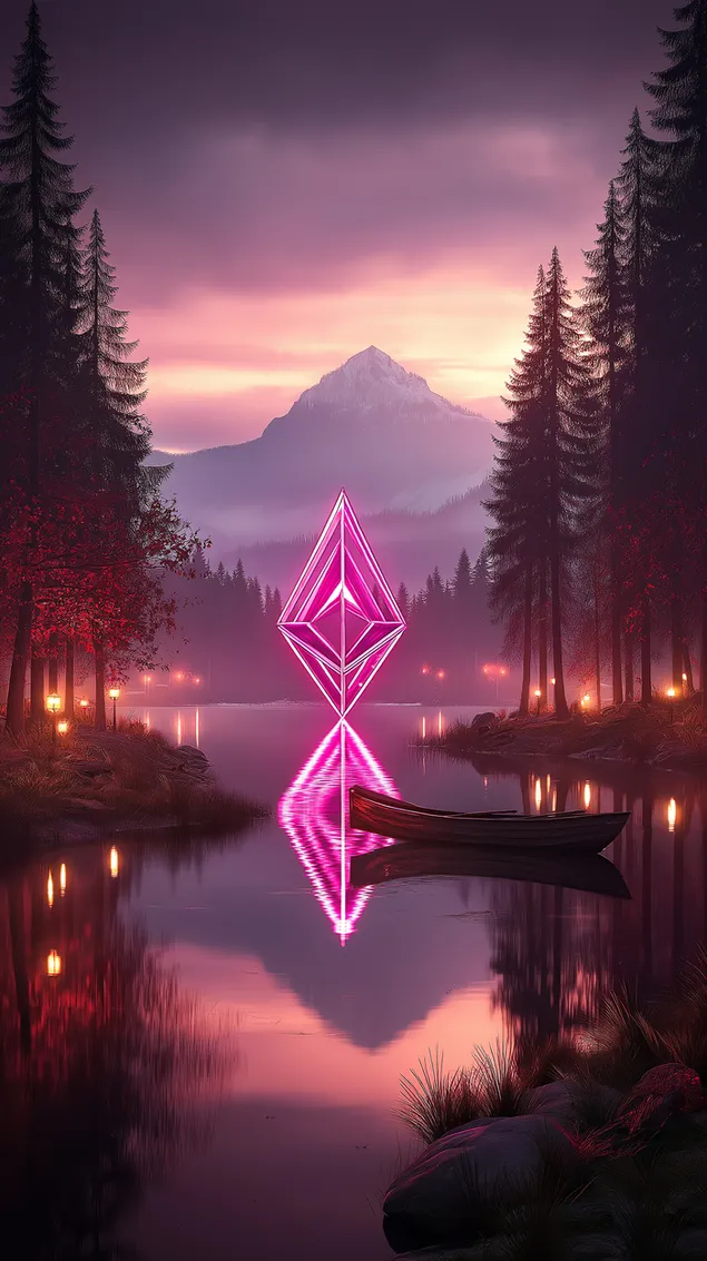 Kristal gjeometrik sureal që noton mbi një liqen reflektues HD sfond