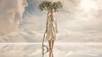 Tapeta Surrealistická krajina s obří spící tváří a osamělou postavou, která se odráží 2K