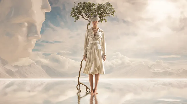 Hình nền Phong cảnh siêu thực với khuôn mặt khổng lồ đang ngủ và hình bóng đơn độc phản chiếu 2K