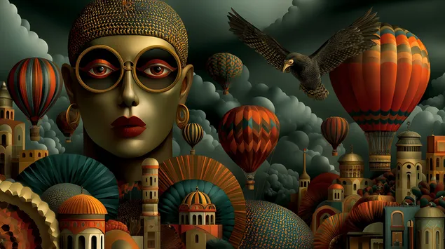 Nadrealni krajolik s velikom glavom, orlom i balonima na vrući zrak 2K pozadina