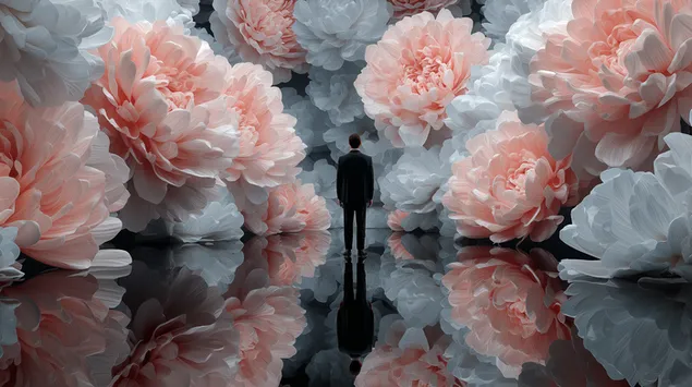 Surreal Meditatioun tëscht risege Päonien: Eng mënschlech Perspektiv 2K Tapeten