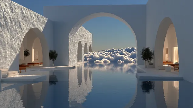 超现实主义极简主义建筑，水流直达云海 2K 壁纸