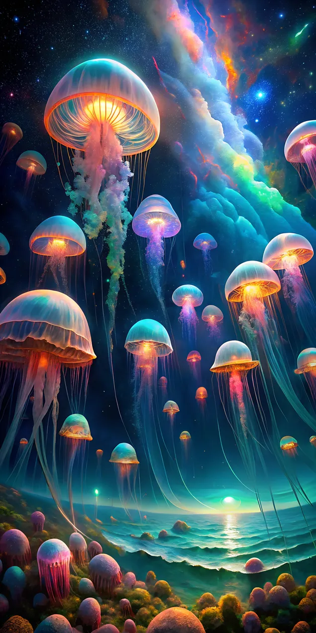 Surrealistiese naghemel met drywende bioluminescerende jellievis wat gloei in blou, groen en koraalpienk 2K muurpapier