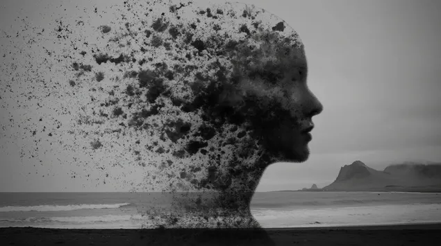 Surrealistescht Profil vun enger zerfallender mënschlecher Form um Mier 2K Tapeten