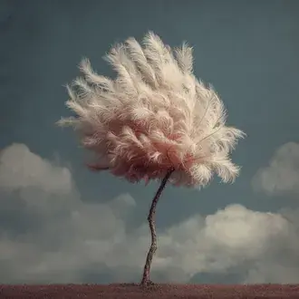 surreal tree growing pink soft feathers instead of leaves against cloudy blue sky background download