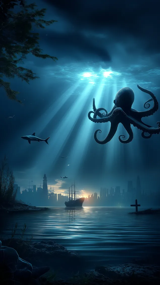 nadrealisticno podvodno mesto s pogledom na hobotnico in jadrnico prenos