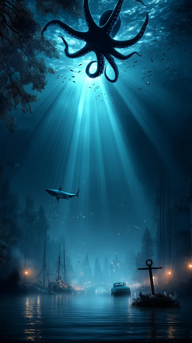 nadrealni podvodni gradski svet sa dzhinovskom khobotnitsom i ajkulom preuzmi