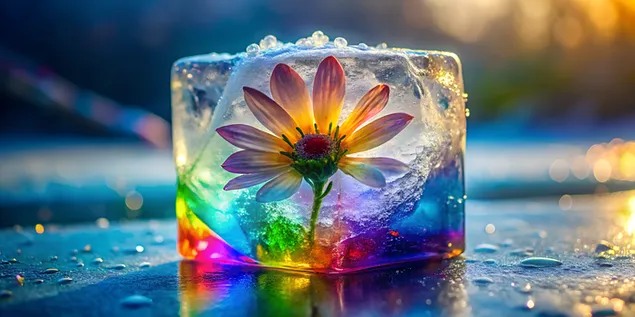 Fiore sospeso racchiuso in ghiaccio cristallino con riflessi arcobaleno 4K sfondo
