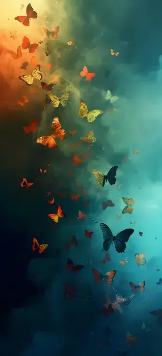 swarm of colorful butterflies flying through a dreamy ethereal misty blue and orange atmosphere