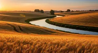 sweeping golden wheat fields roll along a gentle river at sunset, creating an idyllic rural landscape glowing with warm light and tranquil beauty download