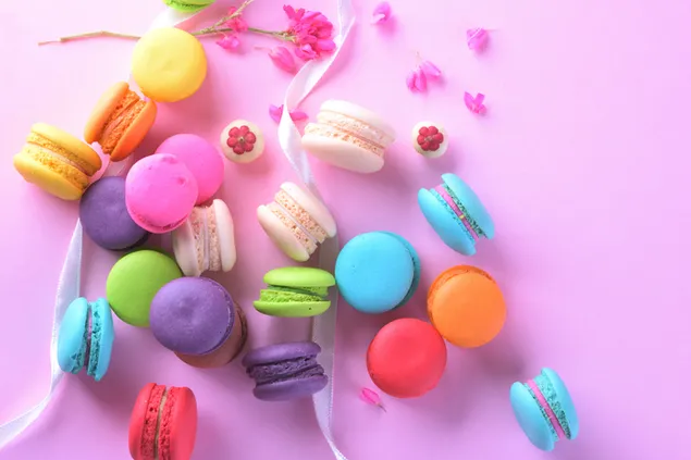 Macarons franceses dulces y coloridos con decoración de flores y fondo rosa