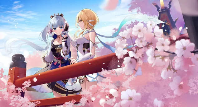 Słodkie dziewczyny anime Lumine & Kamisato Ayaka sezon wiśni | Uderzenie Ganshina 4K tapeta