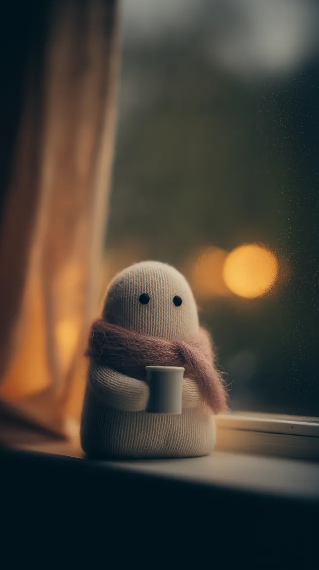 sladky duch v ruzovej satke drzi hrncek pri okne stiahnut