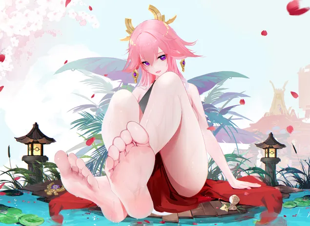 可愛的女孩Yea Miko 獨自坐在小池塘邊| 甘信衝擊 4K 壁紙