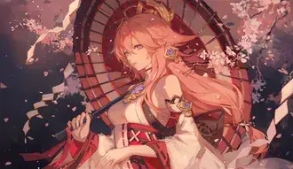 Dulce niña Yea Miko bajo el cerezo con su paraguas | Impacto Ganshin 4K fondo de pantalla