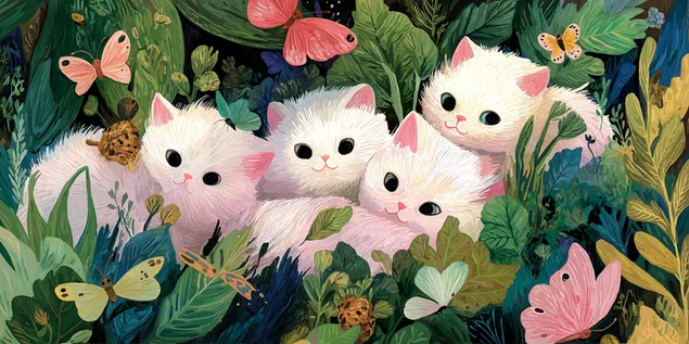 gatets dolcos arrecerats entre plantes exuberants i papallones baixada