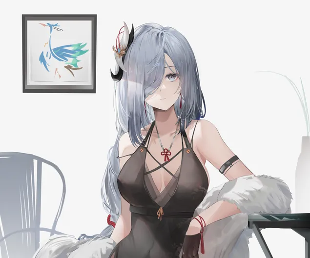 Páipéar balla Sweet Shenhe ag breathnú te i Dubh (Ganshin Impact)2K