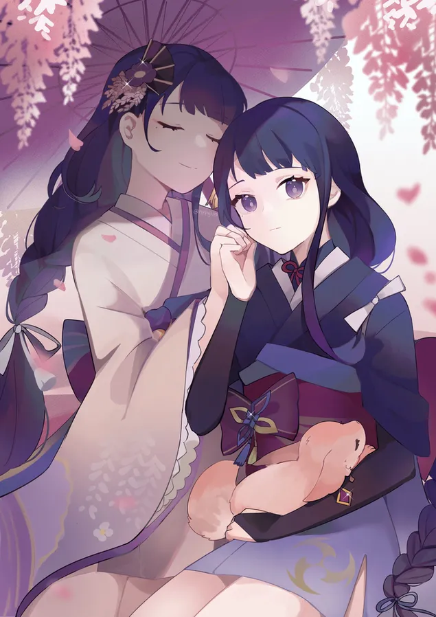 Páipéar balla Deirfiúracha milis Raiden Mikoto & Shogun | Tionchar Ganshin2K