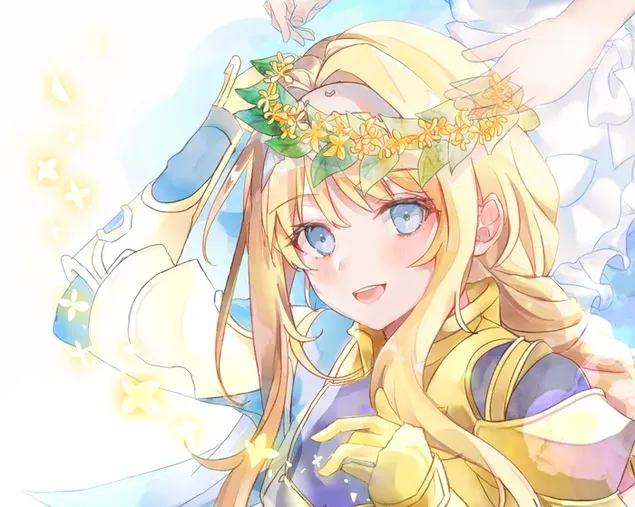 Schwertkunst-Online-Literatur-Serie Charakter schöne Anime-Figur in weißem Kleid mit blonder Haarkrone aus Blumen