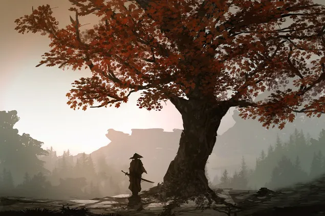Schwertschwingender Samurai, der die Stadt und den Himmel unter Baumblättern in Herbstfarben betrachtet 2K Hintergrundbild
