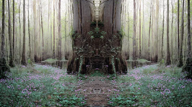 غابة متماثلة مع غطاء أرضي زهري 2K خلفية