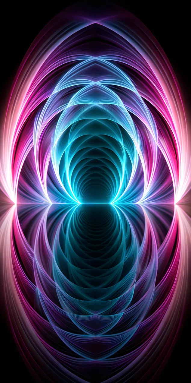 대칭 네온 터널, 반사 디자인이 있는 생동감 넘치는 추상 2K 배경화면