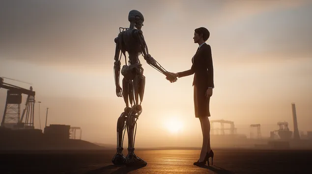 la sinergia entre el hombre y la maquina en un horizonte brillante descargar