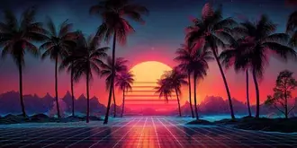 atardecer synthwave con siluetas de palmeras y cuadricula de alambre descargar