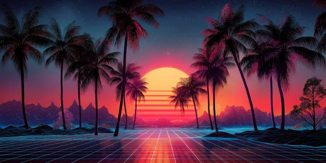 sintetgolf-sonsondergang met palmboomsilhoeette en draadraamrooster aflaai