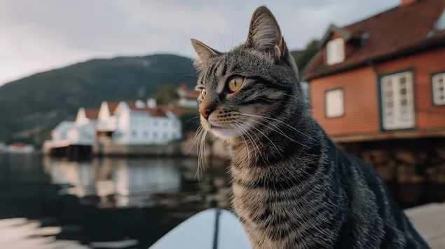 Chat tigré par Waterside Village Landscape 2K fond d'écran