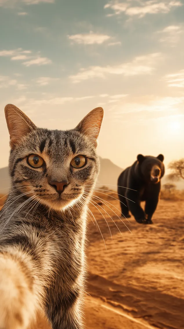 selfi smugastogo kota z vedmedem na tli pusteli zavantazhiti
