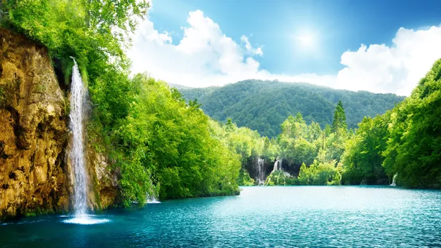 太陽と雲と空を眺めながら、木々と森の間を流れ、湖に流れ込む自然美の滝
