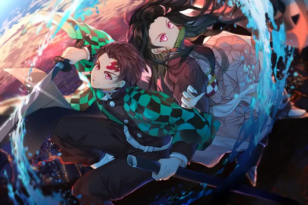 Tanjiro lucha junto a la hermana demonio Nezuko HD fondo de pantalla