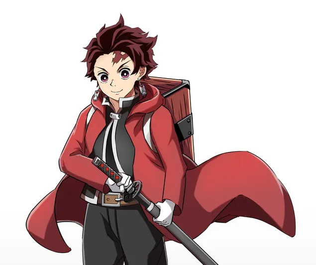 Tanjiro con capucha roja con una bolsa de madera y su espada.
