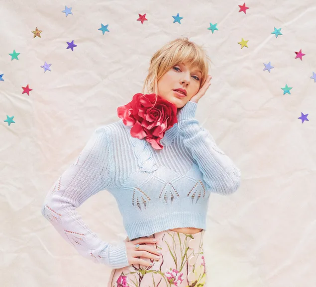 Шпалери Синій светр Taylor Swift з червоною стрічкою у формі троянди 4K