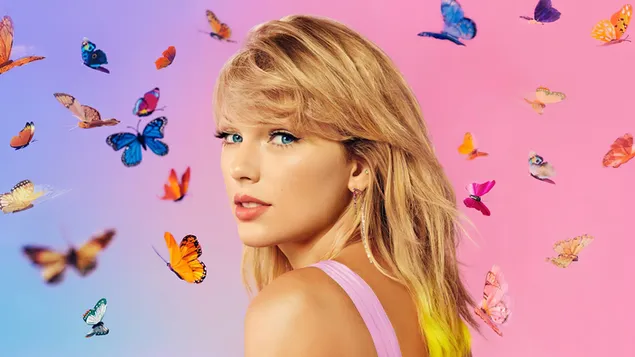 Taylor Swift różowa sukienka, motyle dookoła, kolorowe tło HD tapeta