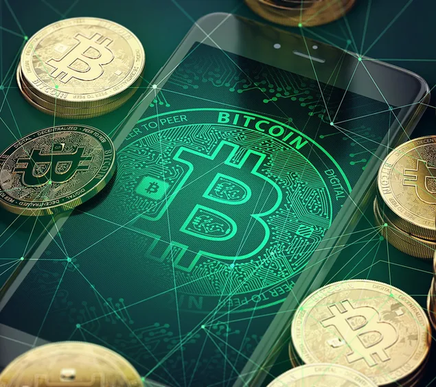 Tech virtueel bitcoin groen logo en munten HD achtergrond