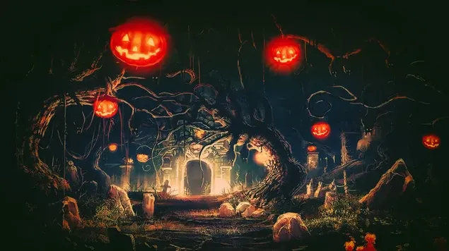 Tempel in het donkere bos van Halloween-nacht