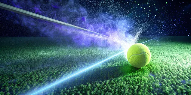 Piłka tenisowa uderzająca w białą linię na trawniku z efektem proszku 4K tapeta