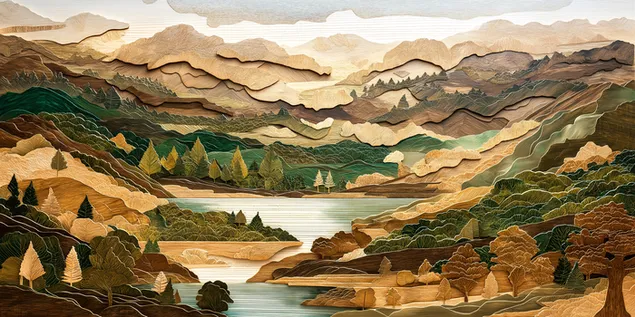 teksturirano mnogosloyno d''rvo, izobrazyavashcho buyna rechna dolina i planini izteglyane