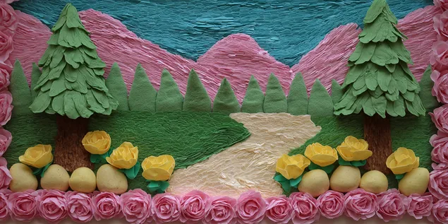 Landskap Kertas Bertekstur Lembah Gunung dengan Mawar 2K kertas dinding