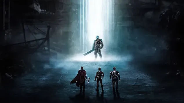 Thanosas išlipa iš savo laivo priešais pagrindinius MCU herojus 4K ekrano užsklanda