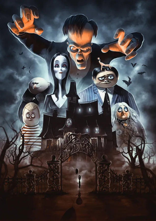 Poster rumah horor karakter Addams Family 2K wallpaper