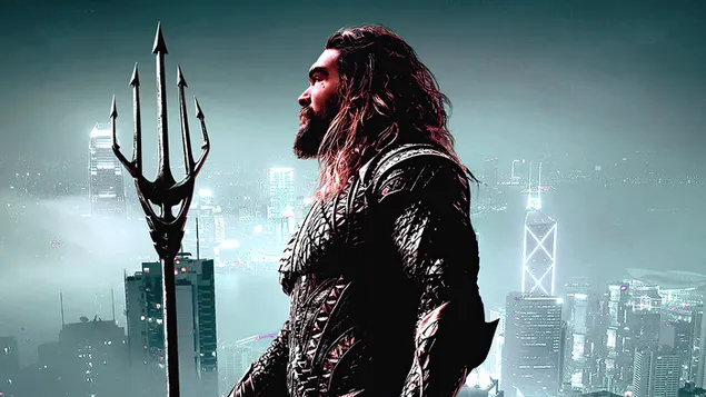 The Aquaman Justice League, behind amazing smoggy city view