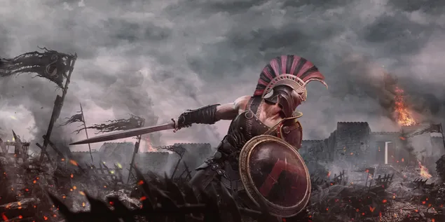 El personaje acorazado del videojuego Achilles: Legends Untold lucha en medio del fuego y el humo en el campo de batalla descargar