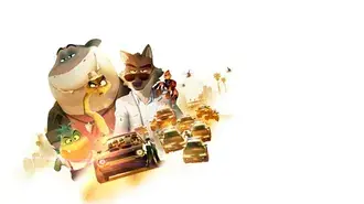 Tapeta Plakát zvířat s animovanými postavami z filmu The Bad Guys s autem 4K